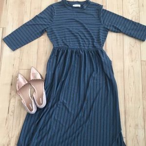 Blue and grey striped midi dress
